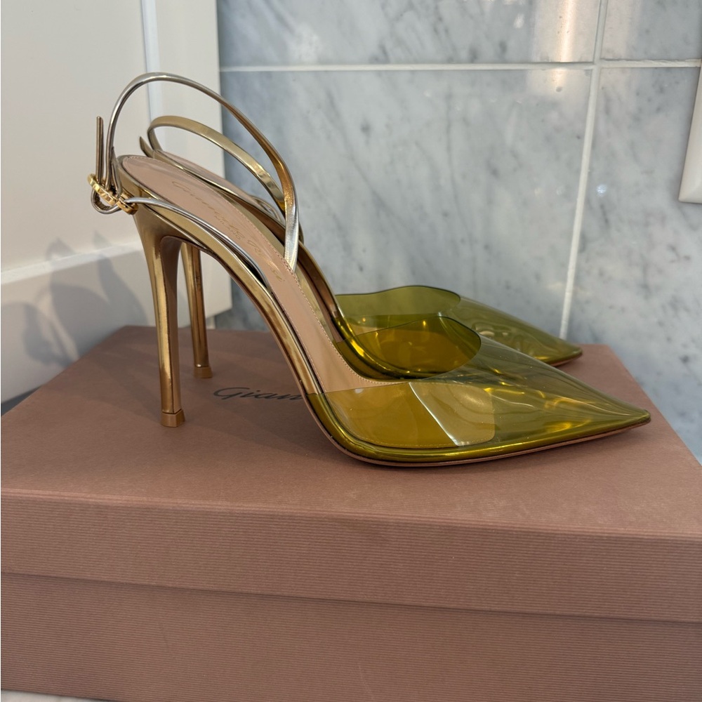 Gianvito Rossi Gold and Olive Heels